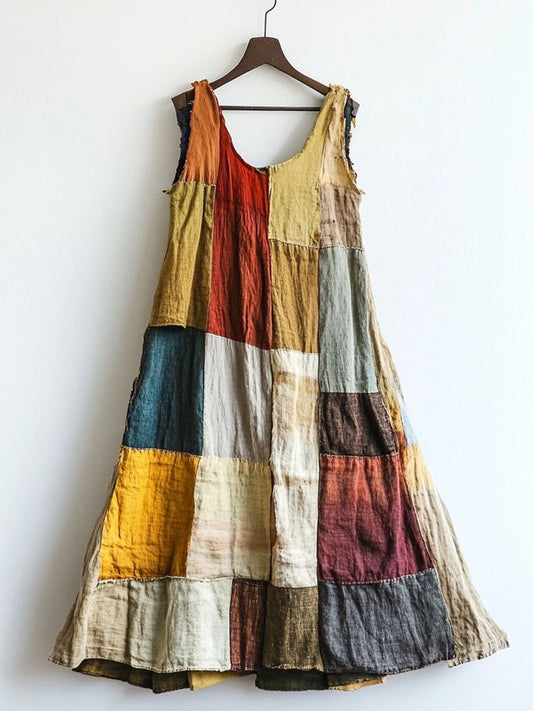 Vintage Multicolor Patchwork Linen Blend Dress artswardrobe