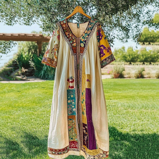 Comstylish Vintage Tribal Pattern Patchwork Art Linen Short Sleeve Tank Dress