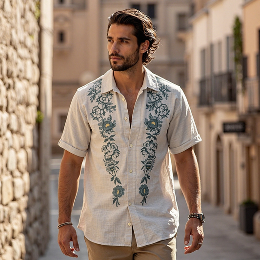 Men's Boho Floral Embroidered Linen Shirt artswardrobe
