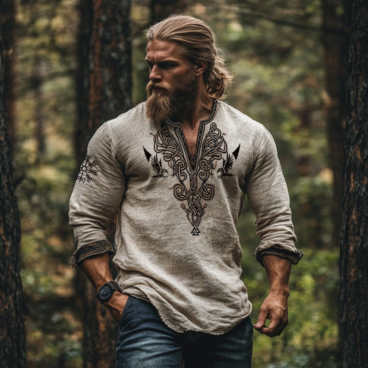 Vintage Viking Celtic Mythology Linen Blend Loose V-neck Shirt artswardrobe