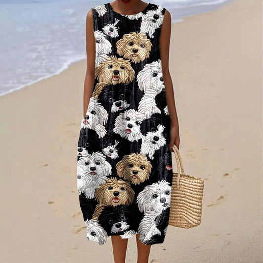 Comstylish Women's Vintage Dog Print Sleeveless Cotton Dress