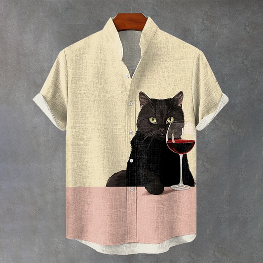 Retro Chilling Black Cat Wine Contrast Color Linen Blend Shirt elevenforest