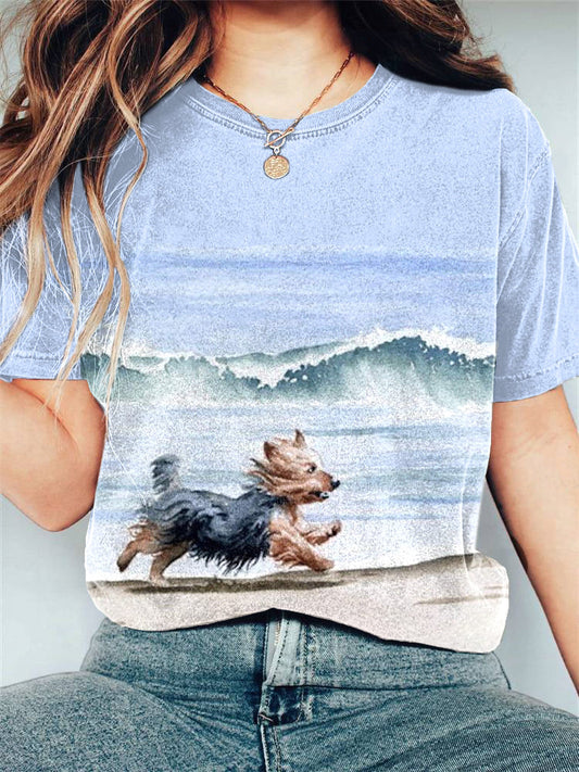 Comstylish Yorkshire Terrier At The Beach Watercolor Art Print T-Shirt