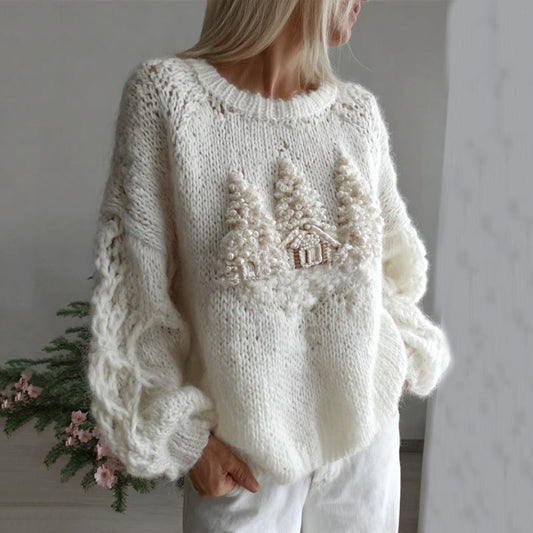 Comstylish Women's White Christmas Decorations Art Crew Neck Sweater