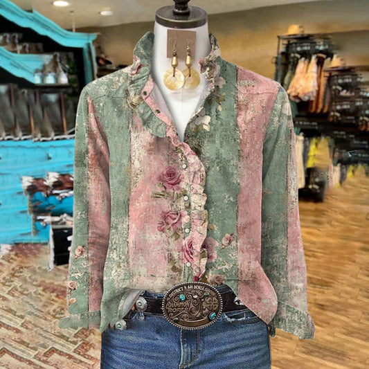 Women's Vintage Floral Art Print Ruffle Shirt artswardrobe