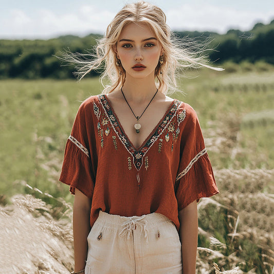 Women's Bohemian Retro Flowers Round Neck T-shirt artswardrobe