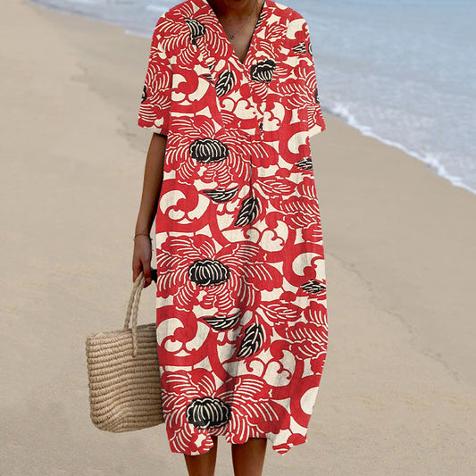 Comstylish Japanese Art Flower Printed V-Neck Loose Midi Dress