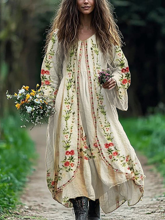 Vintage Boho Floral Flowy Linen Blend Maxi Dress artswardrobe