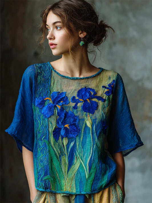 Oil Painting Irises Embroidered Contrast Flowy Linen Tunic