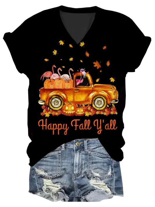 Autumn Flamingo Maple Leaf Pumpkin Car Print V Neck T-Shirt artswardrobe