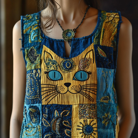 Comstylish Women's Pop Art Cat Floral Patchwork Linen Top