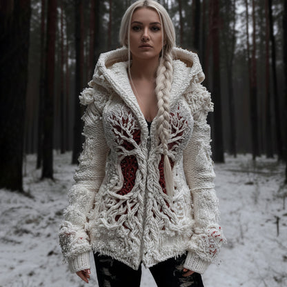 Women's Viking Tree Of Life Cable Knit Zip-up Hooded Sweater artswardrobe