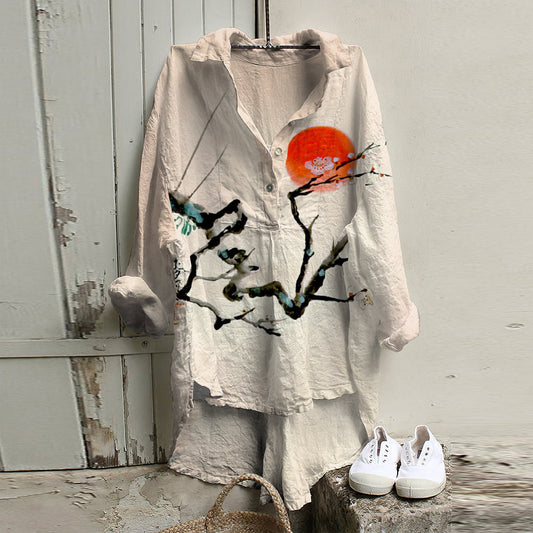 Vintage Japanese Art Cotton Linen Button V Neck Casual Shirt