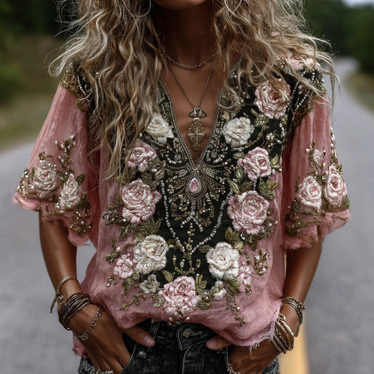 Women's Classic Romantic Pink Rose Embroidery Art Comfy Linen Shirts artswardrobe