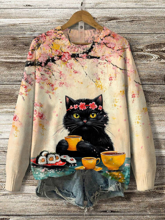 Comstylish Women's Sakura Black Cat Yumcha Sushi Art Knit Sweatshirt