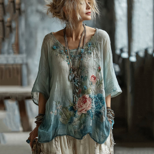Comstylish Classy Vintage Gradient Japanese Blossoms Embroidered Cotton And Linen Shirt