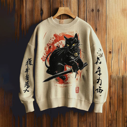 Men's Vintage Japanese Art Cat Calligraphy Print Crew Neck Sweatshirt elevenforest