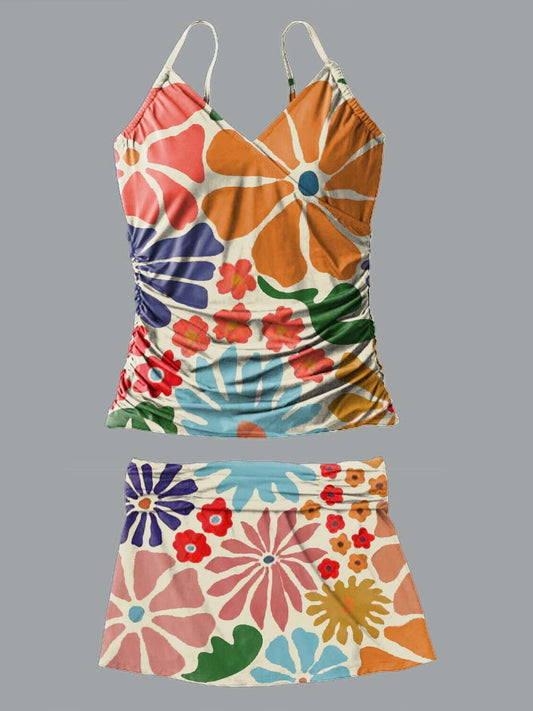 V-Neck Abstract Geometric Floral Print Suspender Skirt Tankini Pantskirt Set Swimsuit