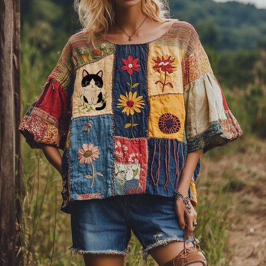 Comstylish Vintage Abstract Creative Cute Cat In Floral Art Embroidered Cozy Linen Blend T-shirt
