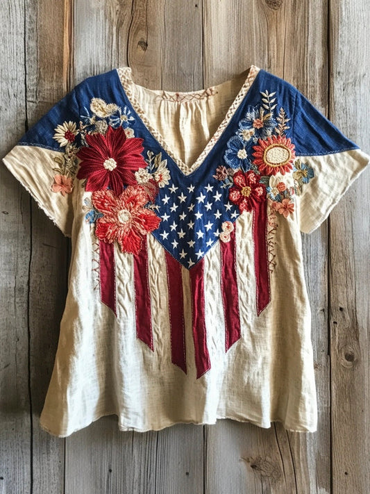 Vintage Flag Floral Embroidery Women's Linen V-neck T-shirt artswardrobe