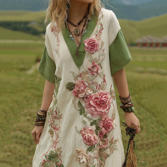 Love & Health Collection Classy Gradient Pink Roses Cancer Awareness Embroidered Art Linen Maxi Dress artswardrobe