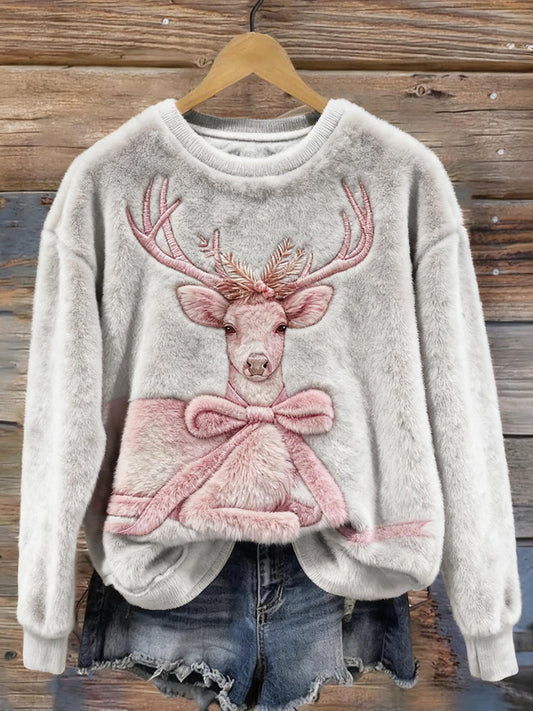 Comstylish Pink Christmas Deer Embroidered Cozy Plush Sweatshirt