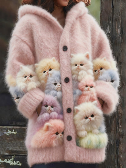 Comstylish Lovely Fuzzy Colorful Cats Cozy Hooded Cardigan