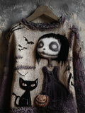 Halloween Gothic Girl & Black Cat Knit Art Cozy Sweater elevenforest