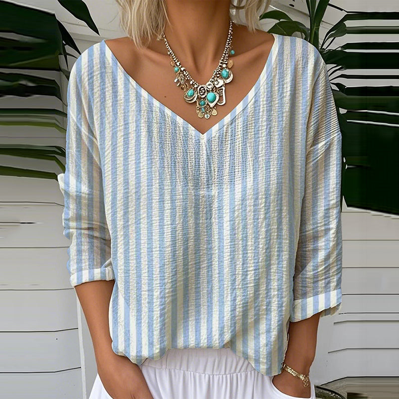 Comstylish Vintage Stripe Pattern Cozy Linen Shirt