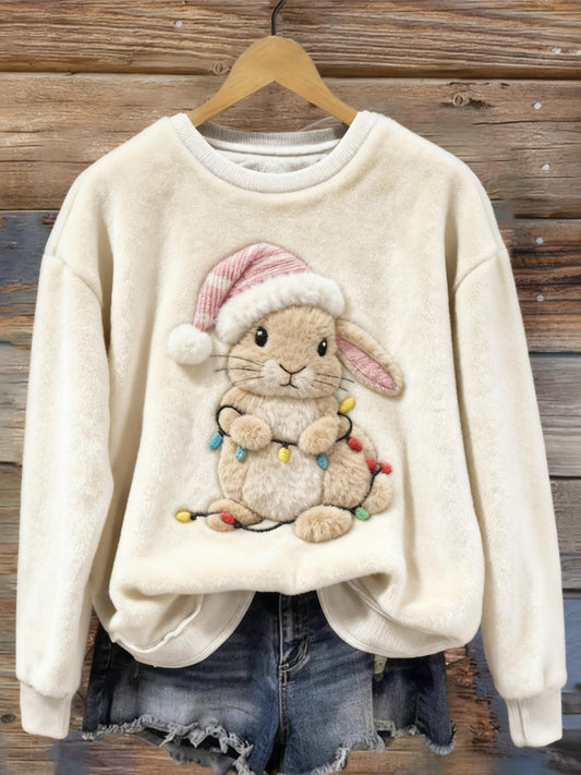 Cute Christmas Bunny Embroidered Cozy Plush Sweatshirt artswardrobe