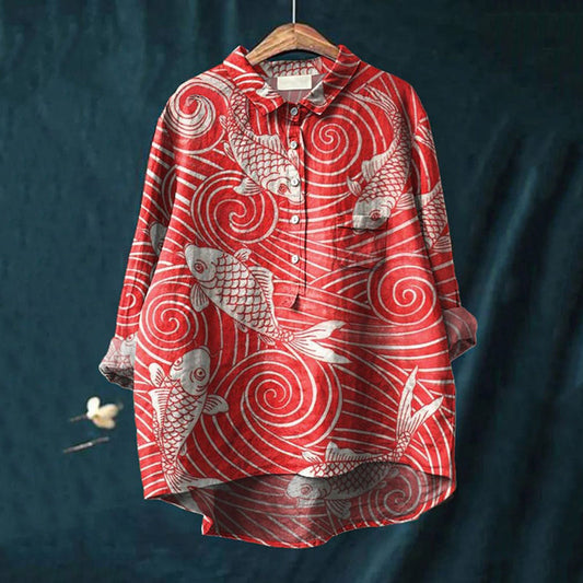Comstylish Women's Japanese Art Fish Print Loose Shirt