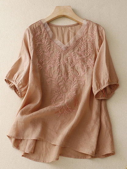 Comstylish Women's Embroidery Pattern Linen Blend Comfort Shirt