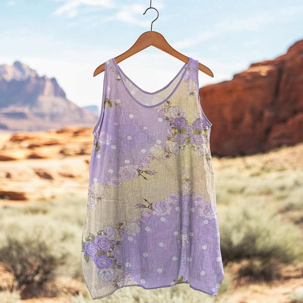 Comstylish Women's Boho Purple Rose Polka Dot Art Linen Tank Top