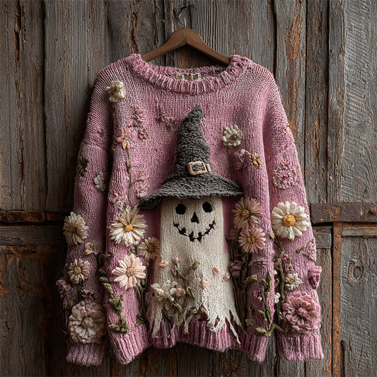 Comstylish Halloween Lovely Ghost Daisy Floral Crochet Cozy Knit Sweater