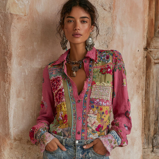 Comstylish Women's Vintage Bohemian Floral Embroidery Patchwork Art Shirt