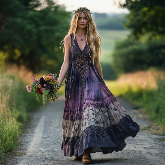 Vintage Viking Tribal Celtic Knot Embroidery Gradient Art Linen Tank Dress artswardrobe