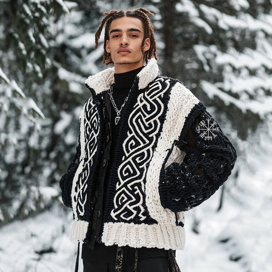 Men's Viking Tribal Geometry Jacquard Celtic Knit Cardigan Sweater artswardrobe