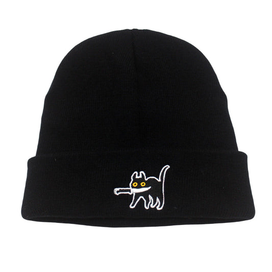 Cartoon Pattern Cat Embroidery Warm Knitted Hat elevenforest