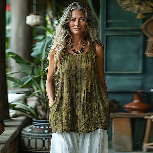 Vintage Tribal Pattern Art Sleeveless Linen Blend Tank Top artswardrobe