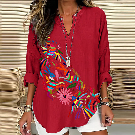 Women's Floral And Bird Art Print Cotton And Linen Shirt artswardrobe