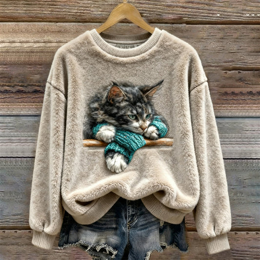 Comstylish Winter Slouchy Cat Pattern Women's Flannel Sweatshirt
