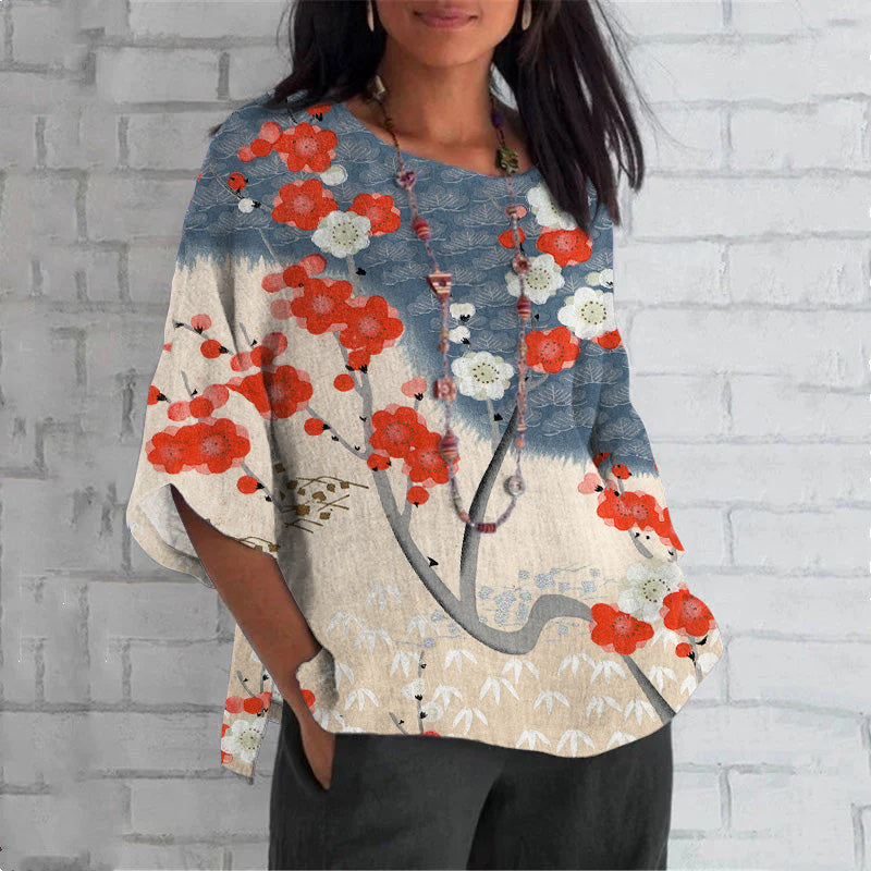 Comstylish Japanese Art Cherry Blossom Print Crew Neck Casual T-Shirt