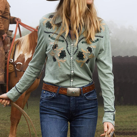 Comstylish Casual Flower Embroidery Art Western Style Rodeo Long Sleeve Shirt