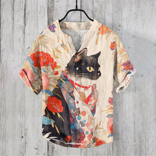 Kimono Cat Among Flowers Print V Neck Shirt elevenforest
