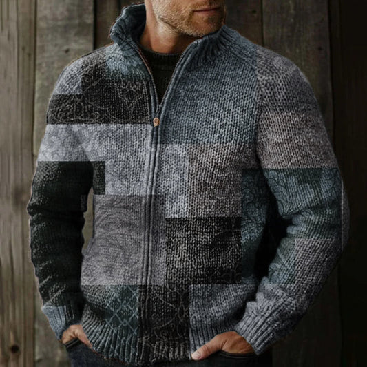 Men's Vintage Western Patchwork Design Graphic Zip Sweater elevenforest