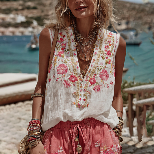 Vintage Pink Roses Embroidery Art Linen Casual Tank Top artswardrobe