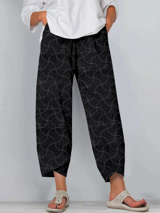 Comstylish Japanese Sashiko Geometric Art Cropped Casual Pants
