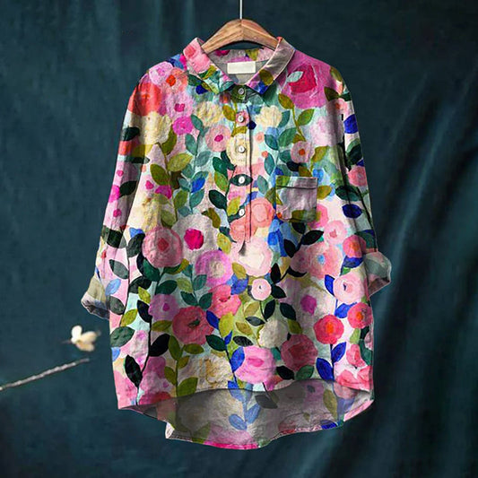 Comstylish Colorful Spring Floral Garden Printed Casual Cotton And Linen Shirt