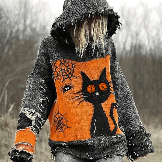 Halloween Scared Black Cat Patchwork Stitched Cozy Knit Hooded elevenforest