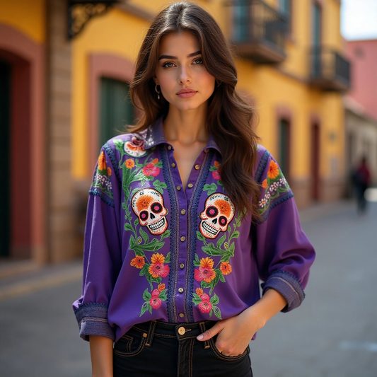 Comstylish Classy Mexican Day Of The Dead Inspired Art Pattern Printed Linen Long Sleeve Shirt